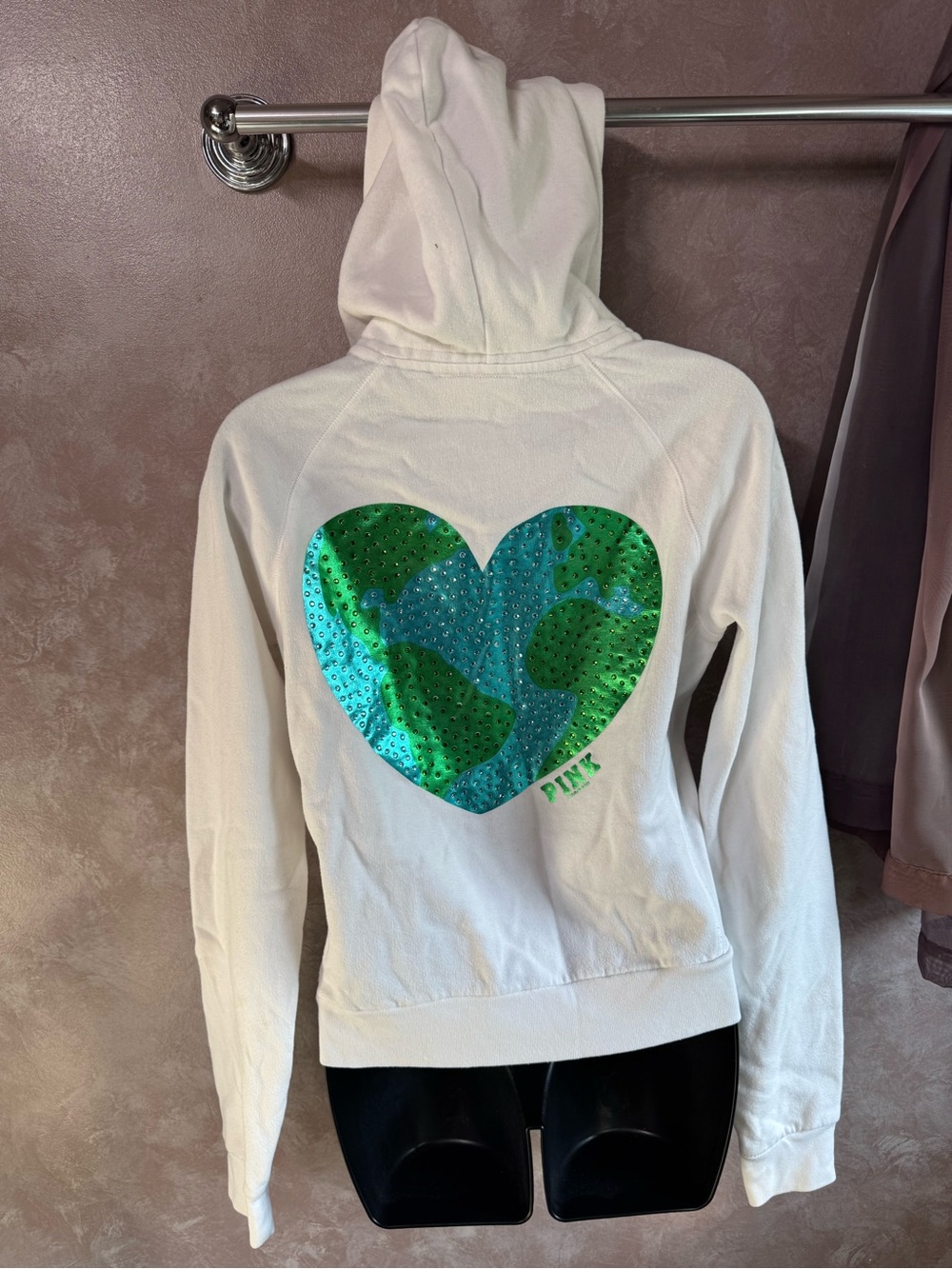Vintage PINK Victoria's Secret White Zip Hoodie with Green & Teal Heart